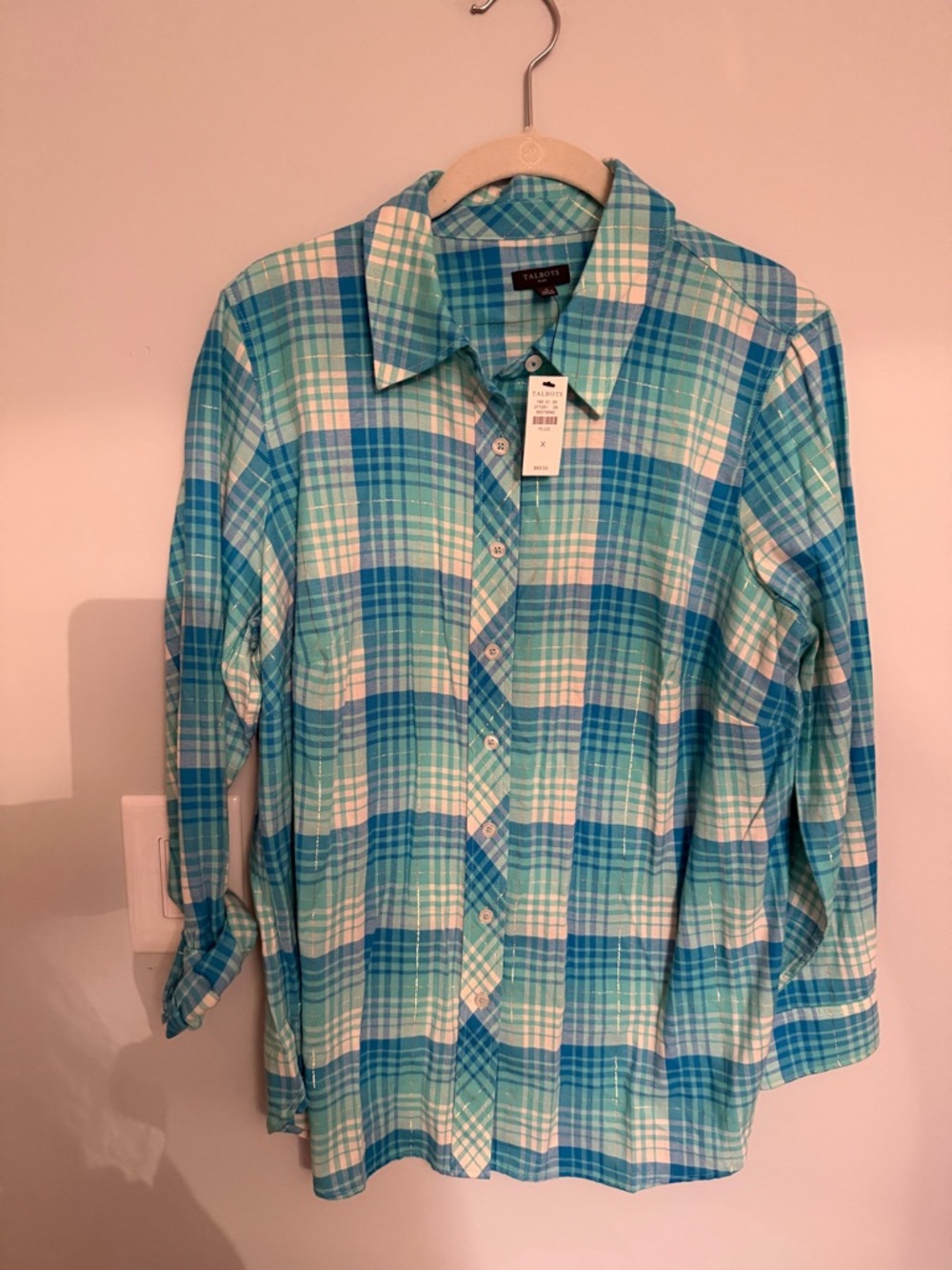 Talbots Light Blue Plaid Ladies Button-Up Shirt - Tailored X NWT 90